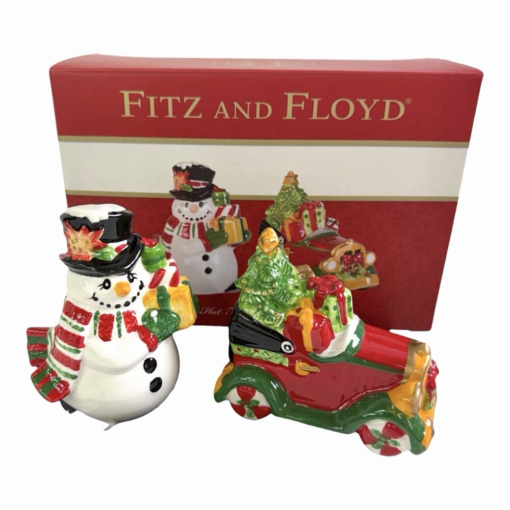 Fitz And Floyd Salt Pepper Shaker Top Hat Holiday Frosty Snowman & Festive Car